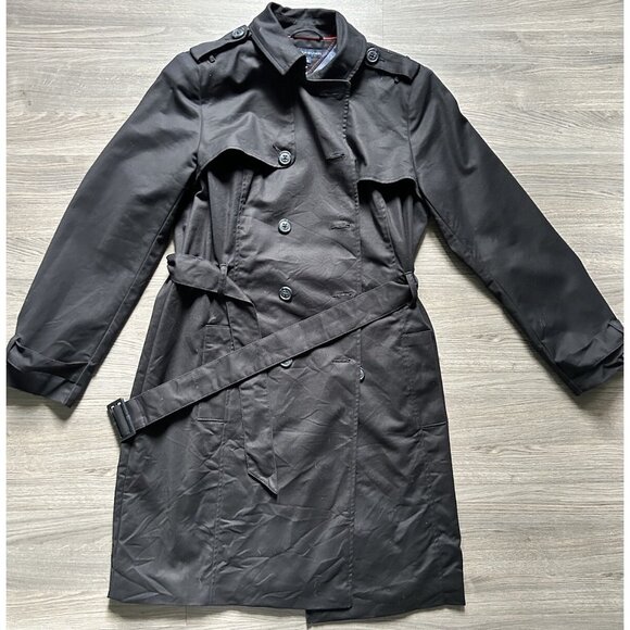 Tommy Hilfiger Belted Trench Coat Black w Navy Lining Size Large Double Breasted - Picture 2 of 8
